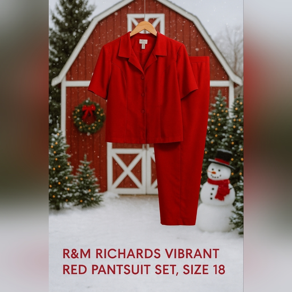 R&M Richards Vibrant Red Pantsuit Set, Size 18